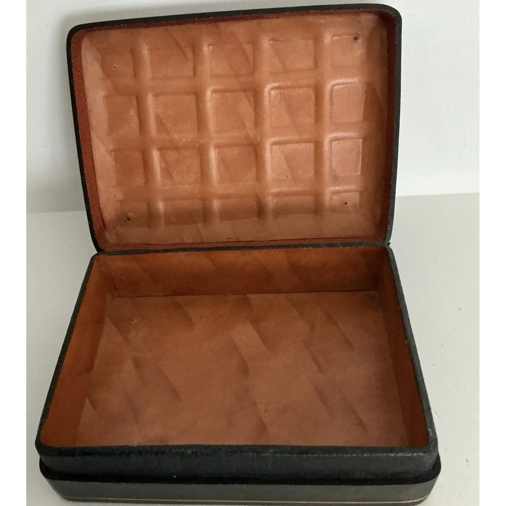 Vtg Italian Leather Jewelry Trinket Box Fleur de lis 5.5